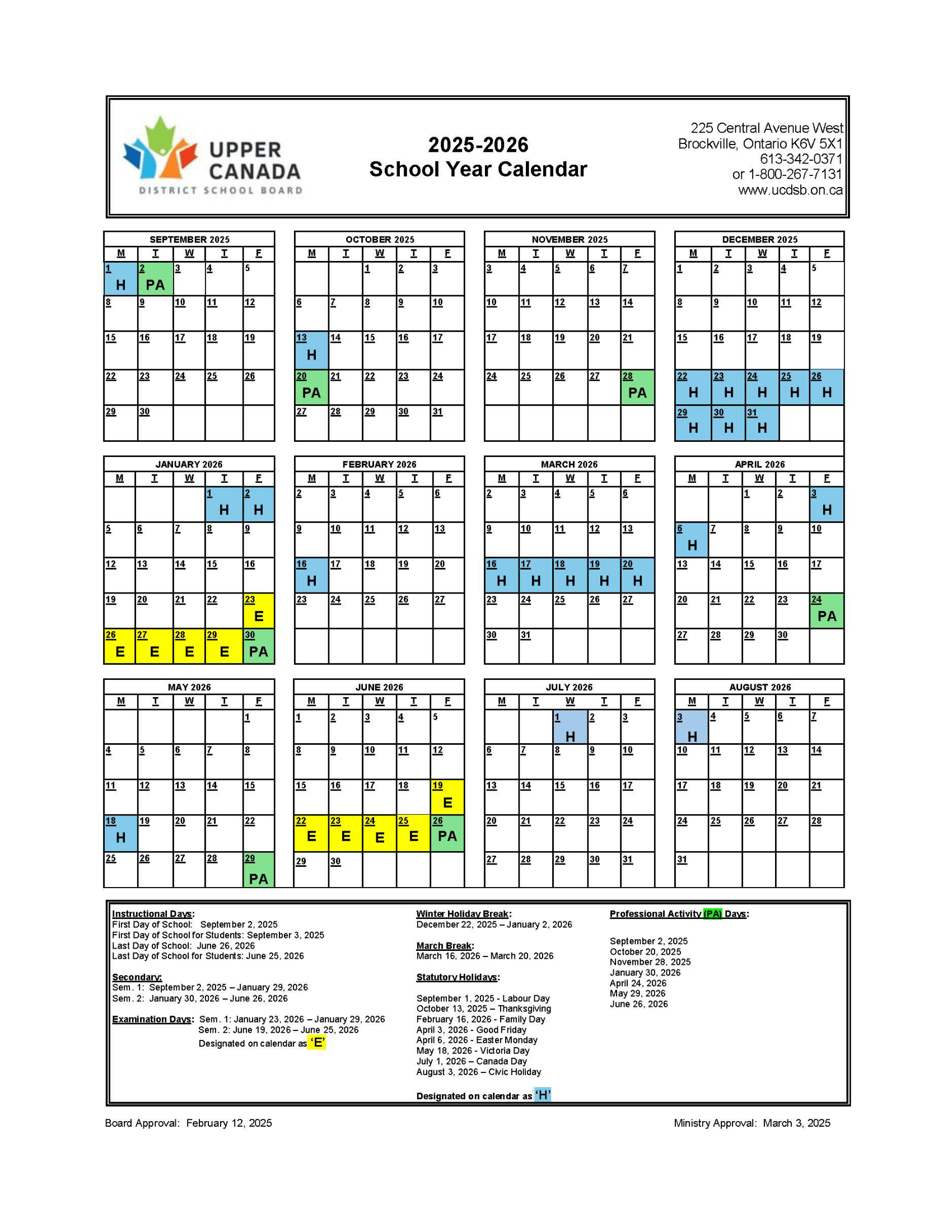 UCDSB School Year Calendar 2025-2026